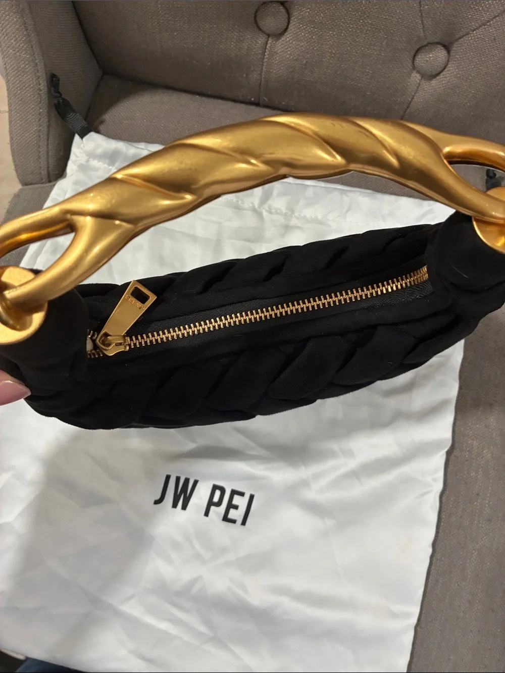JW PEI Black Braided Orla Crescent Shoulder Bag with Gold Handle